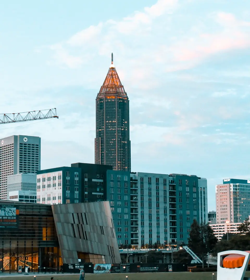 The Atlanta skyline at dusk seen from the Civil Rights Museum