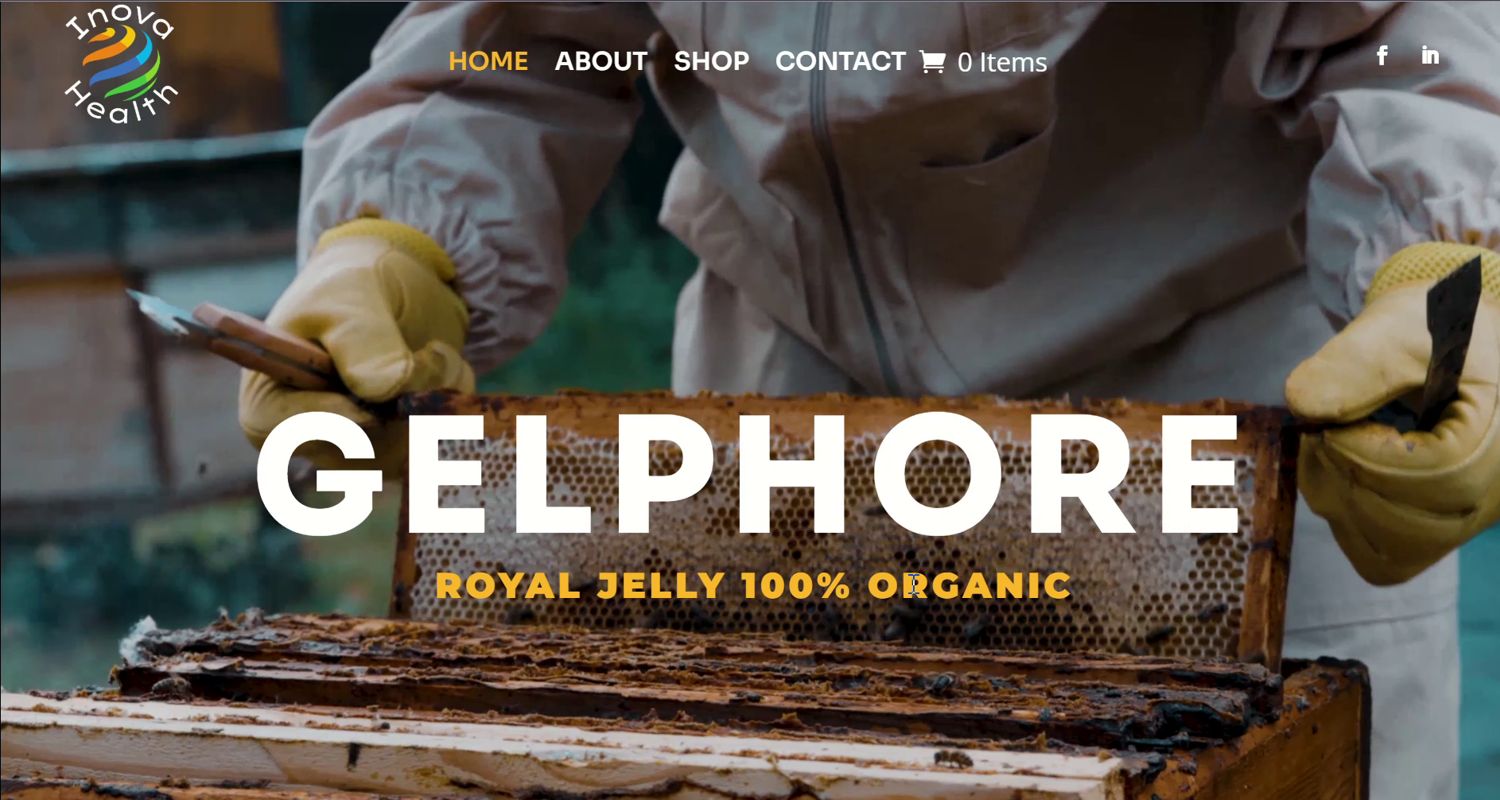 The InovaHealth homepage in 2025, showing the Gelphore royal jelly hero section